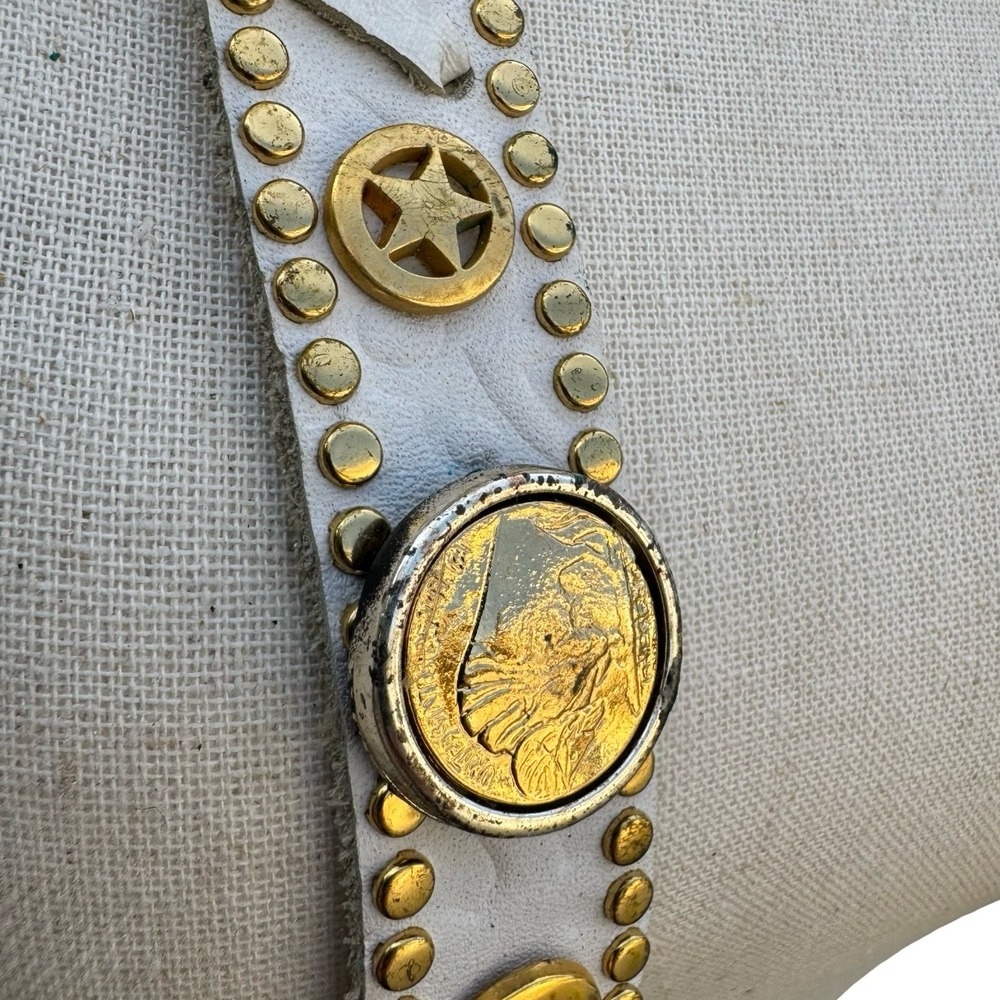 Lily Farouche Munich Vintage White Leather Studded Buffalo Nickel Western Belt - Picture 4 of 13